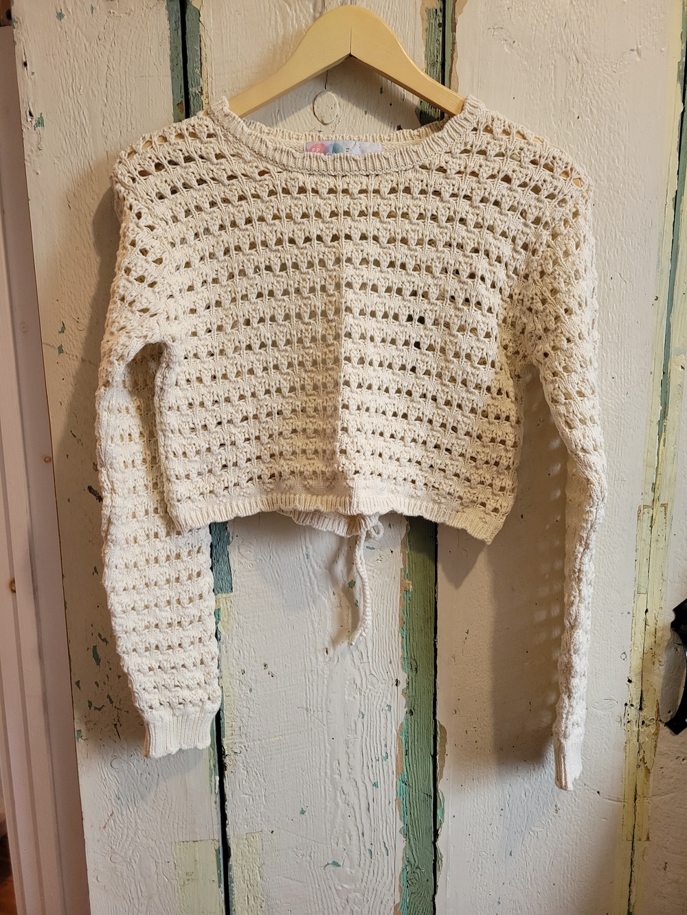 Free People Open-Knit Drawstring Crop Sweater - Cream